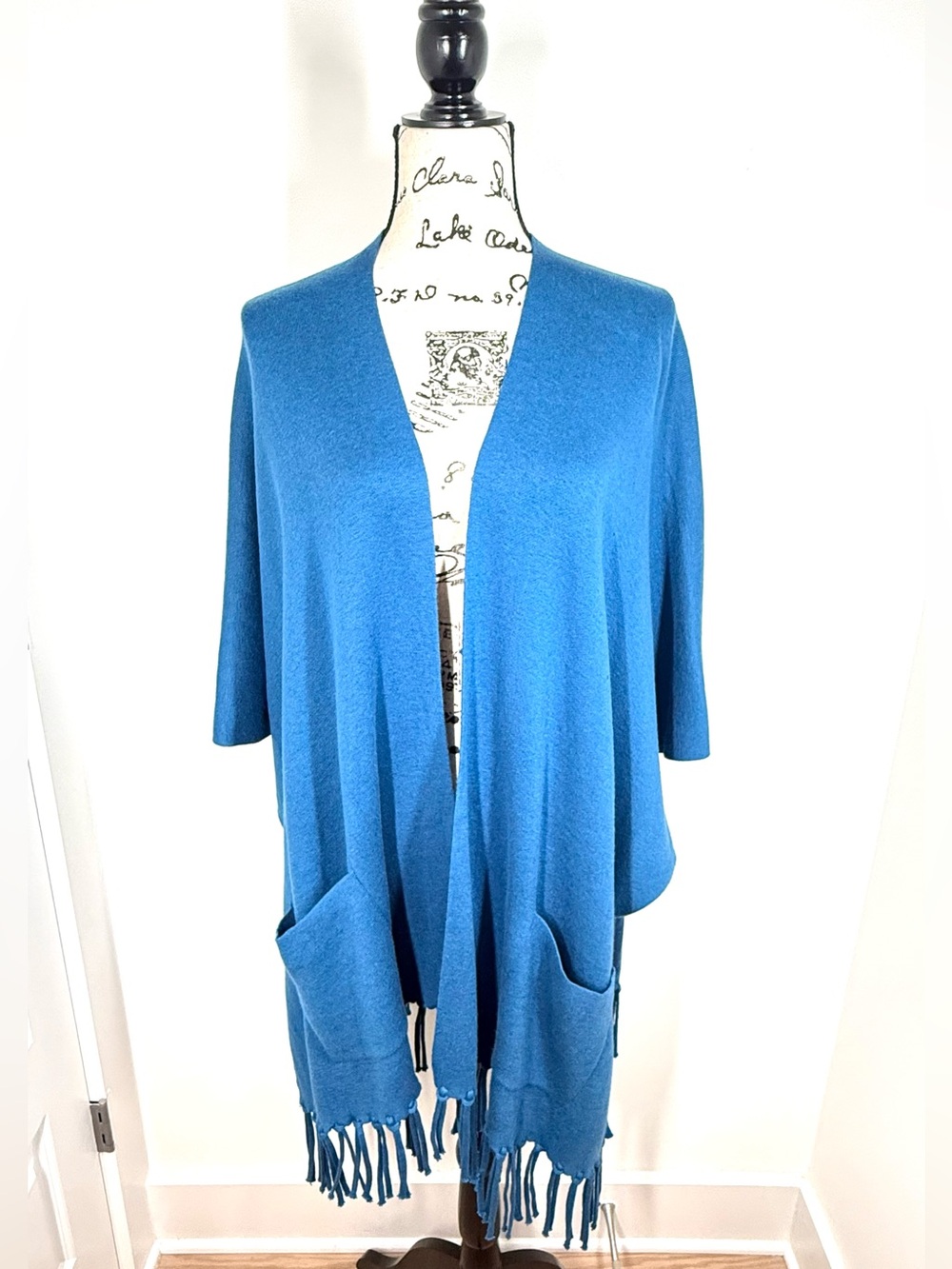Chico's Teal Blue Open-Front Fringe Pocket Poncho Knit Sweater Ruana Kimono L XL
